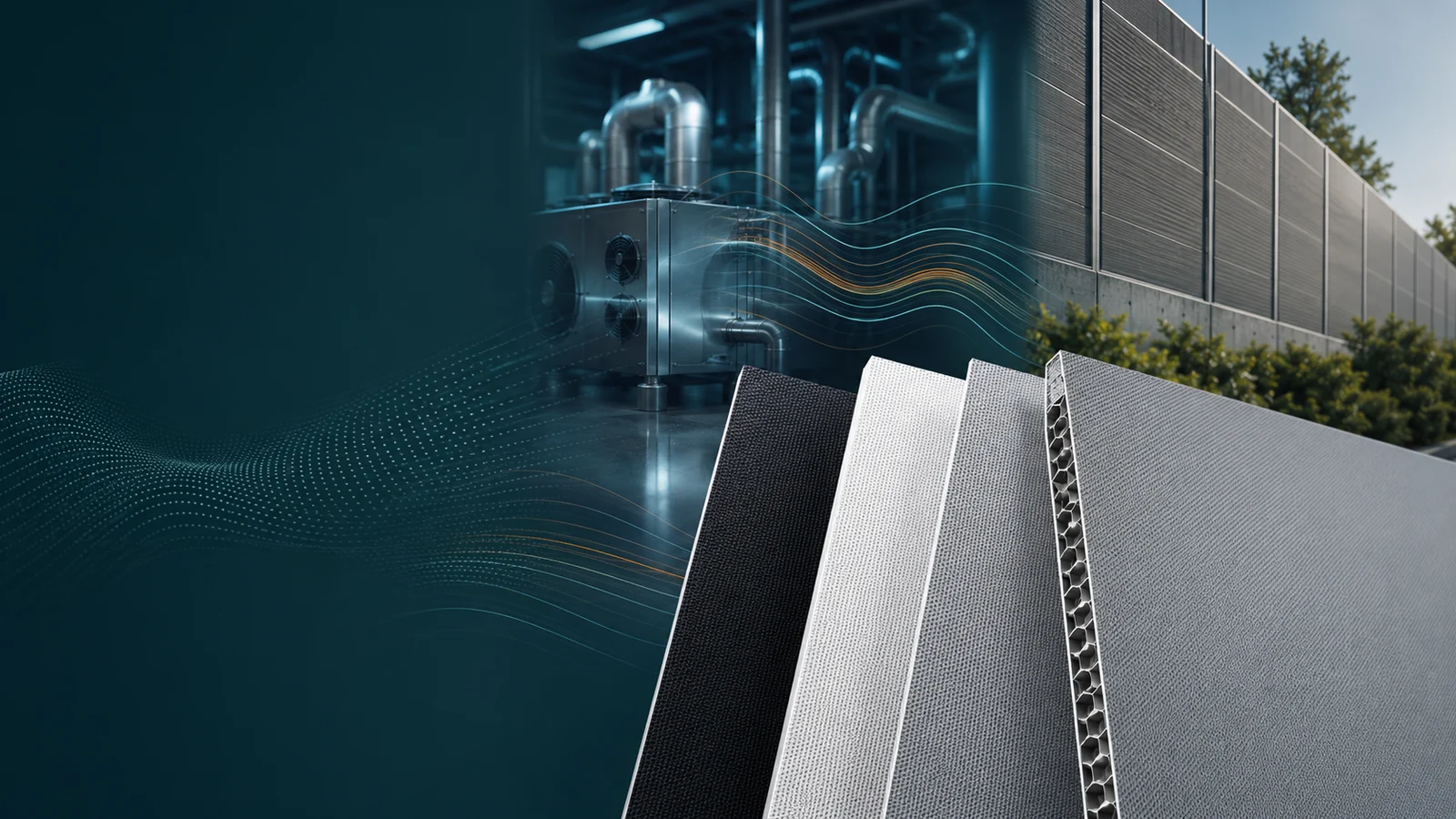 Micro-perforated acoustic panels in aluminium, stainless steel and honeycomb core in front of an HVAC plant room and an outdoor noise barrier